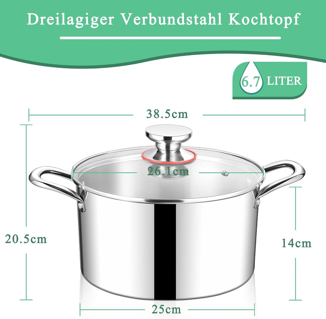 HaWare Kochtopf, 26cm Topf Induktion aus 3-Lagen Edeastahl, 6,7L Kochtöpfe Nudeltopf mit Glasdeckel