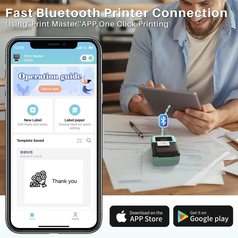 Phomemo M120 Etikettendrucker Maschine, Bluetooth Barcode Etikettendrucker Grösse 20-50mm, Unterstüt
