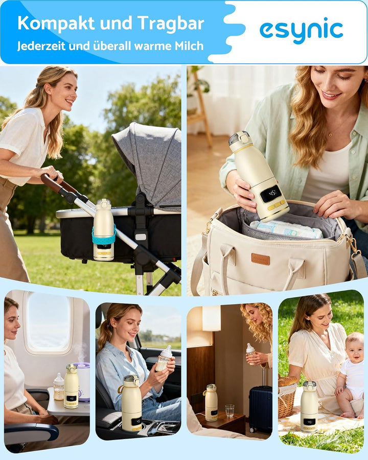 eSynic Babyflaschenwärmer 450ml Kapazität 15000mAh Akku Tragbarer Flaschenwärmer Edelstahl 316 Schne