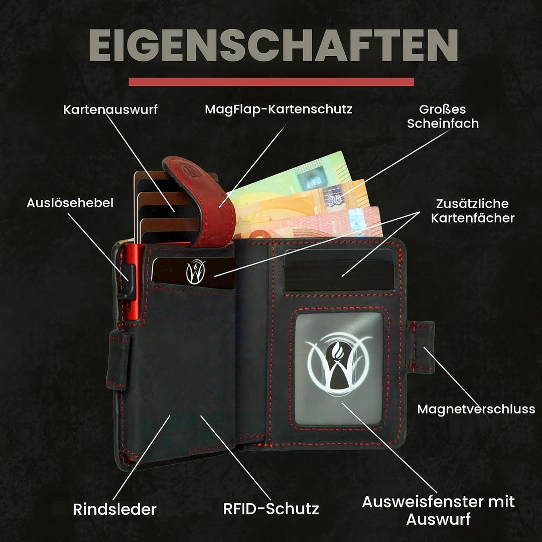 WillFire® MagFlap | Geldbörse Herren | Extra Schlüsselanhänger | Leder Kartenetui für 10-12 Karten |