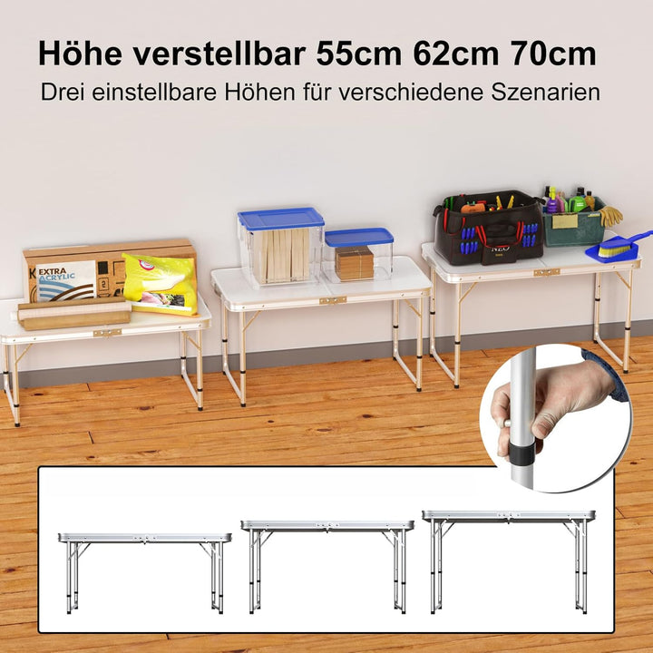 Campingtisch Klapptisch 120x60cm Höhenverstellbar 55/62/70cm, Leicht & Kompakt Klapptisch mit Alumin