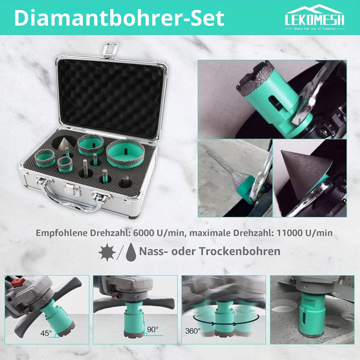 Diamant Bohrkrone Kit - 10pcs (6/6/8/25/35/50/68mm+Fasenfräser Bits(6-25mm)+50mm Diamant Fasenfräser