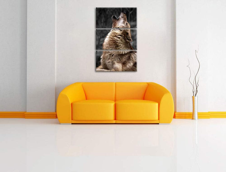 Anmutiger Heulender Wolf schwarz/weiss 3-Teiler Leinwandbild 120x80 Bild auf Leinwand, XXL riesige B