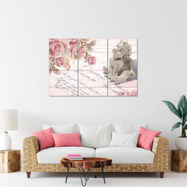 Runa Art Wandbilder Engel Blumen Bild XXL Wohnzimmer Schlafzimmer Rosa Rosen Holz 120 x 80 cm 3 Teil