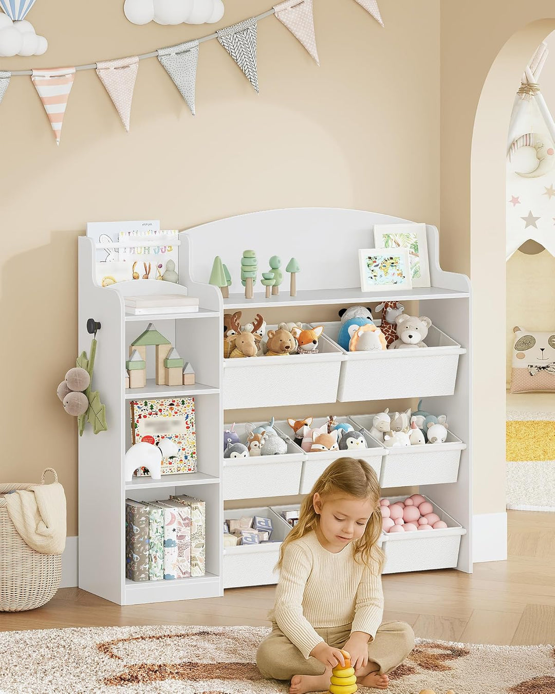 Hzuaneri Kinderregal, Bücherregal Kinder aus Holz, Spielzeugregal mit 8 Stoffschubladen für Kinderzi