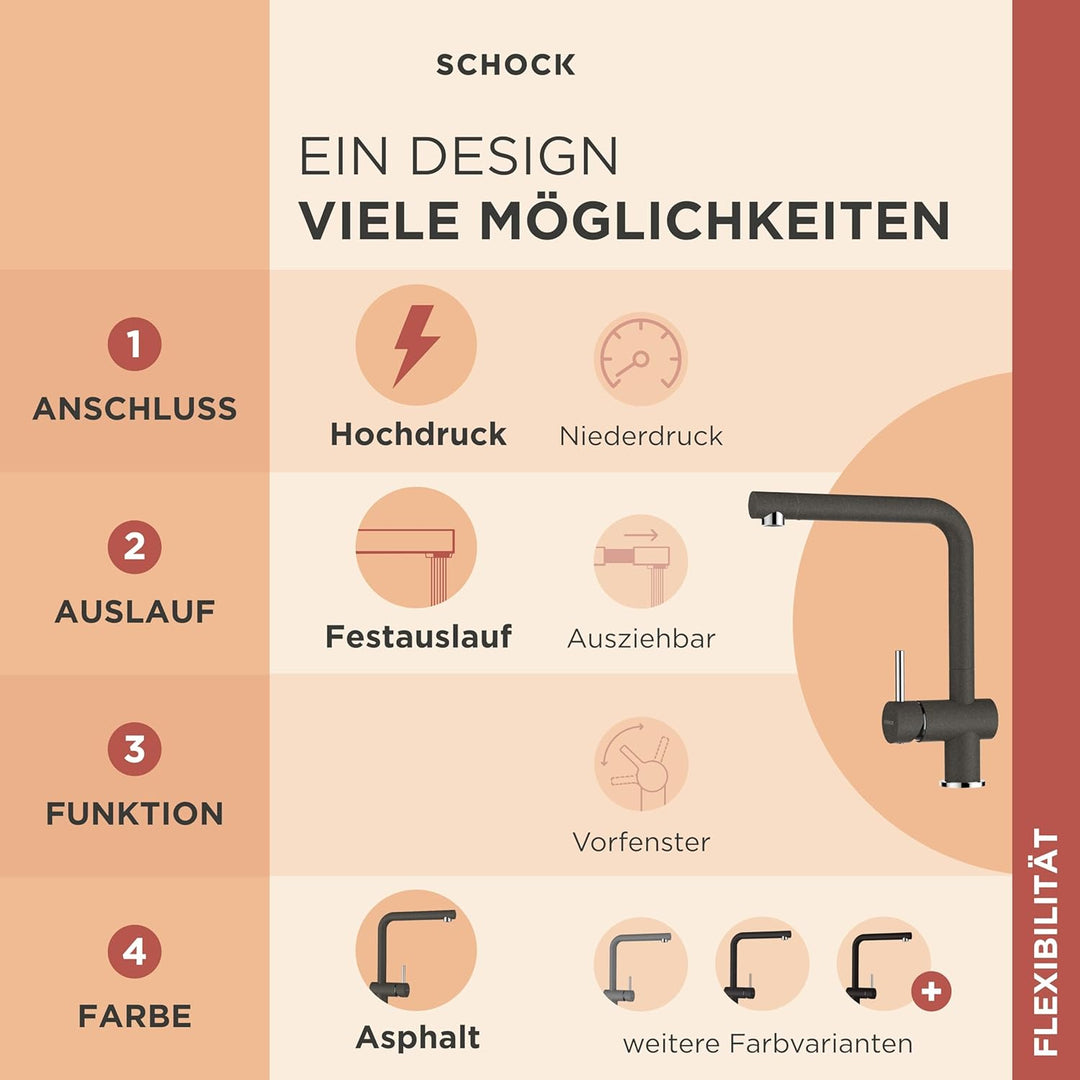 SCHOCK® Küchenarmatur Epos Asphalt I Hochdruck Wasserhahn mit Festauslauf I Schwenkbarer Einhebelmis