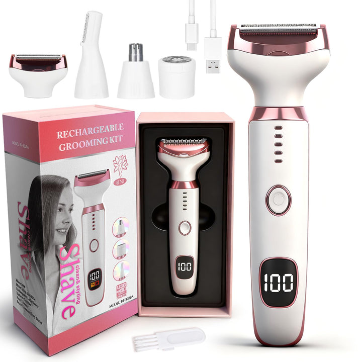 Elektrischer Damenrasierer 4-in-1 mit LED Display für Frauen & Männer, Nass- & Trockenrasierer IPX7
