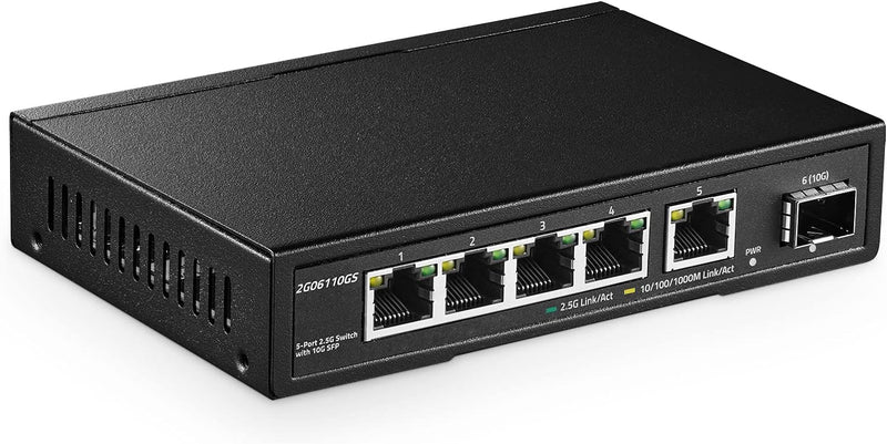 YuLinca 5 Port 2.5G Netzwerk-Switch mit 10G SFP, 5 x 2.5GBASE-T Ports, Kompatibel mit 10/100/1000Mbp