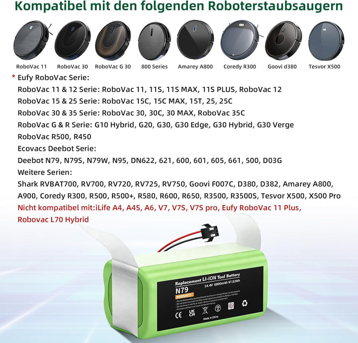 14.4V 6800mAh Akku für Eufy RoboVac G10 G20 G30 G35 G40 Hybrid, Ersatzakku für RoboVac 11 11S 11S MA