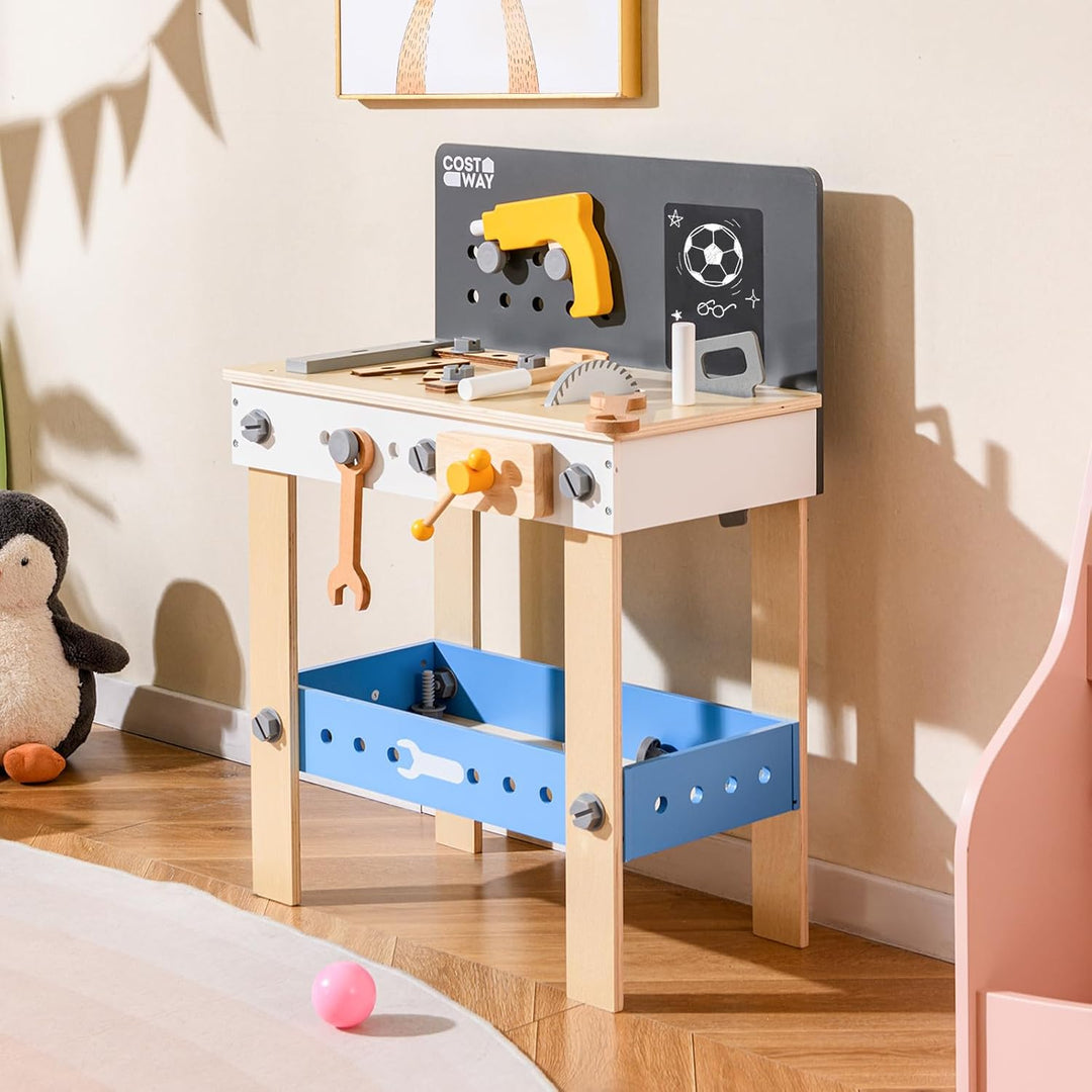 COSTWAY Werkbank Kinder, Kinderwerkbank Holz mit Stecktafel, Kreidetafel und Ablageregal, Werkzeugba