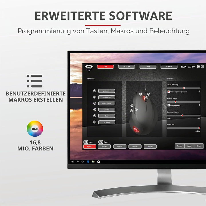 Trust Gaming GXT 144 Rexx Vertikale Gaming Maus, 10.000 DPI, 6-programmierbare Tasten, RGB LED-Beleu