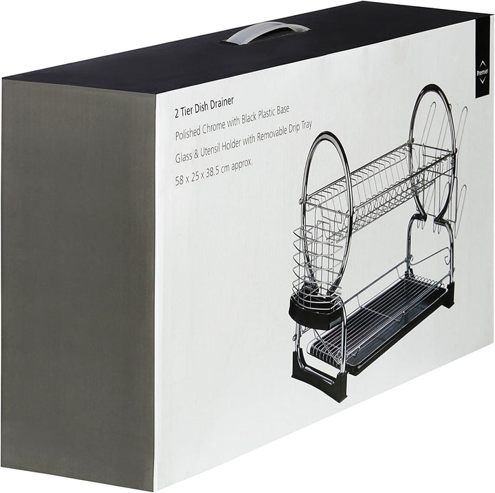 Premier Housewares 509585 2 Tier Dish Drainer, Chrom, 56 x 25 x 39 cm Schwarz, Schwarz