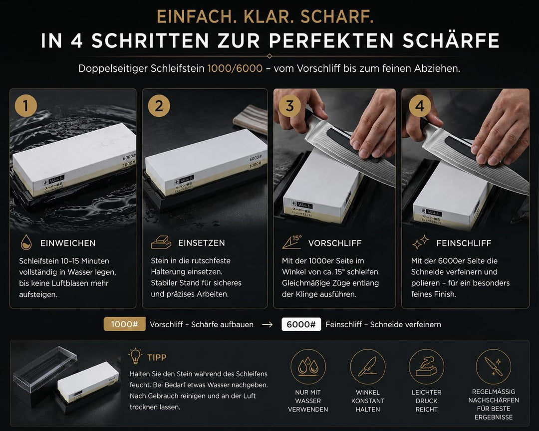 Wakoli Messer Schleifstein 1000er und 6000er Körnung (beidseitig) I Messerschärfer Set - Wetzstein z