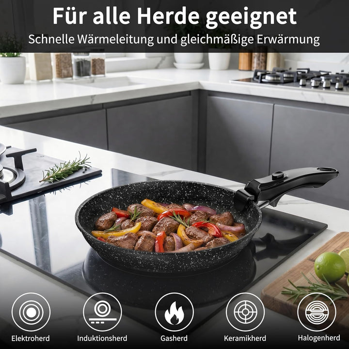 Kiseely Pfannenset mit Abnehmbarer Griff,Bratpfanne mit Antihaft beschichtung,Cool-Touch Handles Sui