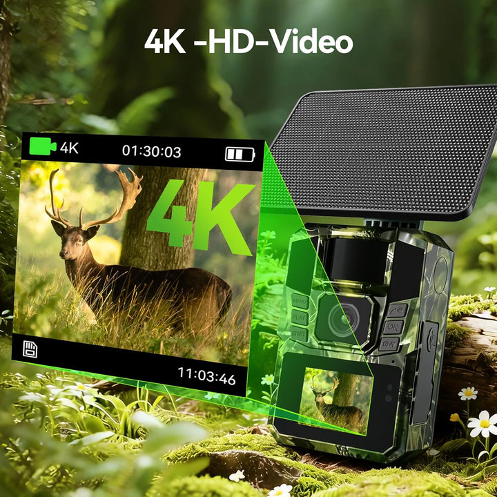 WLAN Solar Wildkamera 4K 48MP mit Handyübertragung APP, Wildtierkamera mit Nachtsicht Bewegungsmelde
