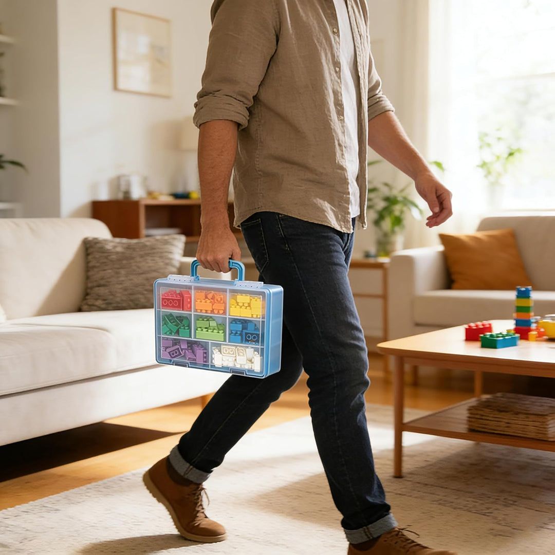 Zweistufig Aufbewahrungsbox für Lego, Bausteine Sortierbox mit 8 Fächern und 2 Druckknöpfen, Spielze