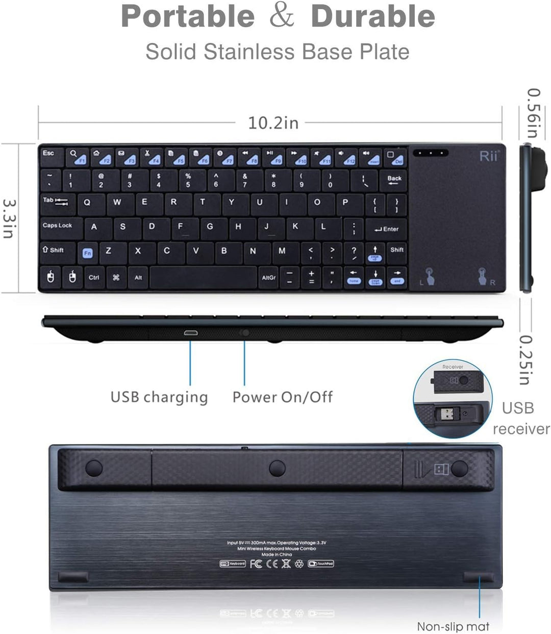 Rii K12+ Mini Wireless Tastatur mit grossem Touchpad Maus &amp; QWERTY Tastatur, Edelstahl, tragbar, kab
