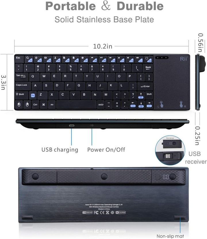 Rii K12+ Mini Wireless Tastatur mit grossem Touchpad Maus &amp; QWERTY Tastatur, Edelstahl, tragbar, kab