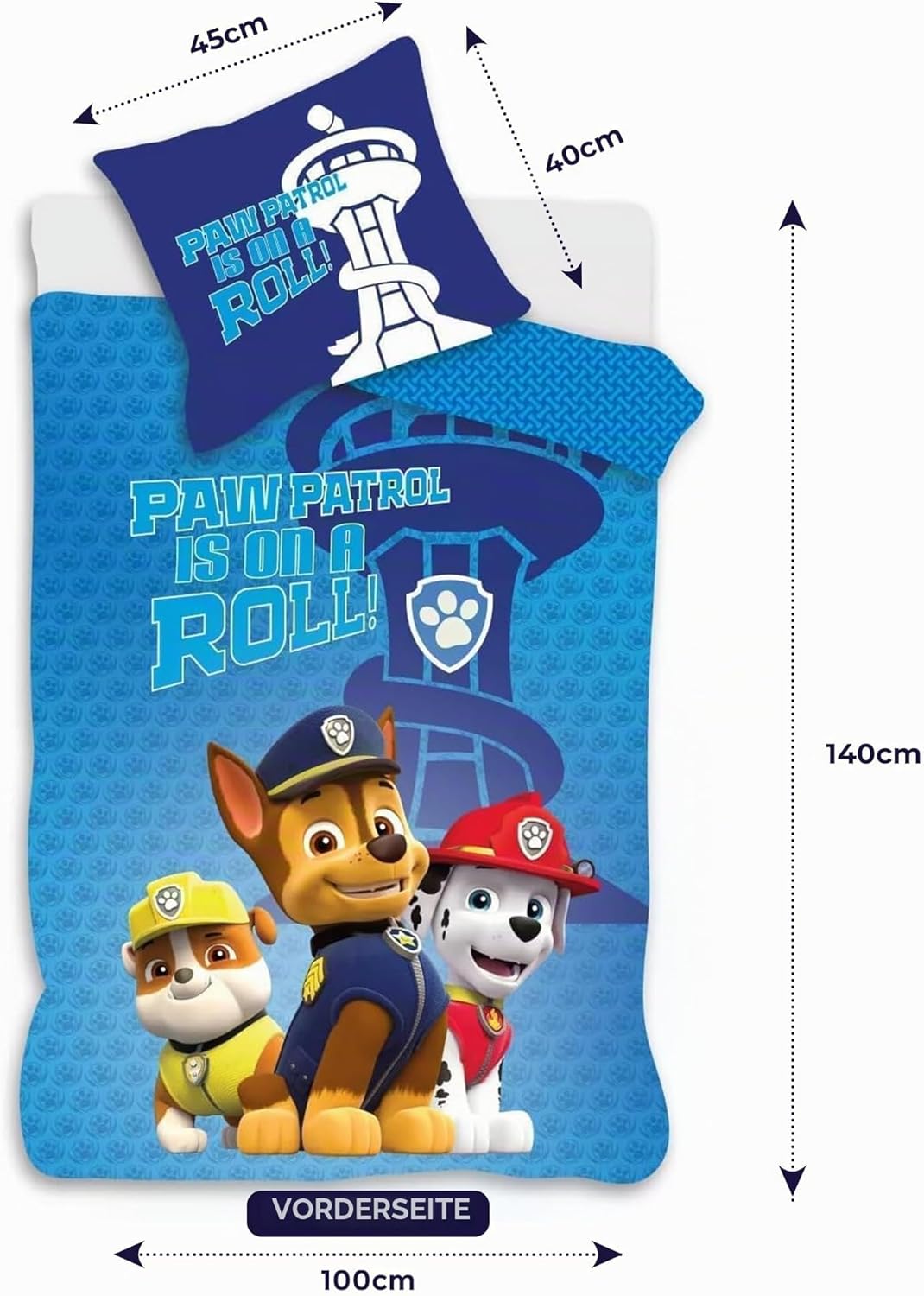 Paw Patrol Blaues Kinderbett-Bettwäsche-Set | Bettbezug 100x140 cm + Kopfkissenbezug 40x45 cm | 100%