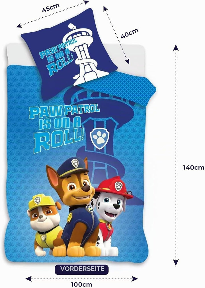 Paw Patrol Blaues Kinderbett-Bettwäsche-Set | Bettbezug 100x140 cm + Kopfkissenbezug 40x45 cm | 100%