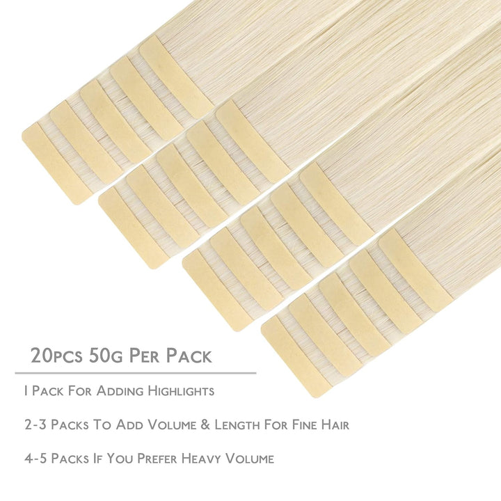 WENNALIFE Tape Extensions Echthaar, 20pcs 40g 30cm 12 Zoll Platinblond Remy Invisible Tape Extension