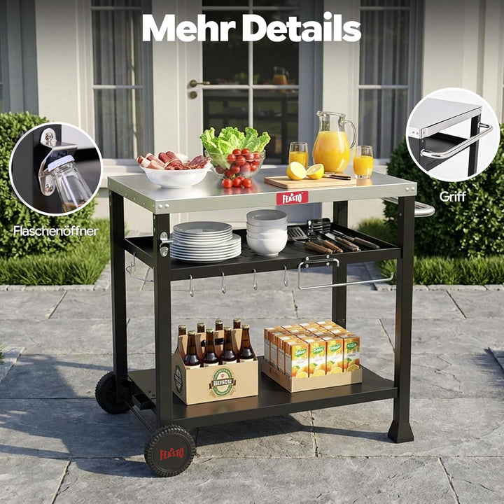 Feasto Grillwagen Outdoor 3 Etagen, Multifunktionaler Grilltisch mit Edelstahlplatt, Griff, Rollen,