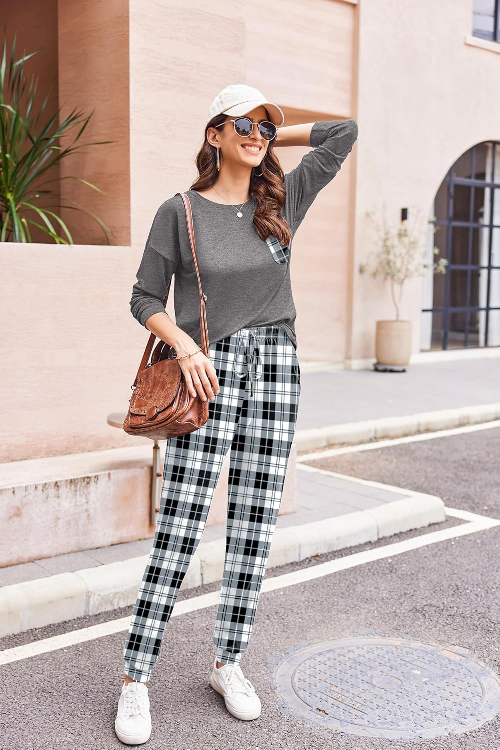 Ekouaer Schlafanzug Damen Lang Zweiteiler Pyjama Langarm Warm Pyjama Set Weich Nachtwäsche Kariert,