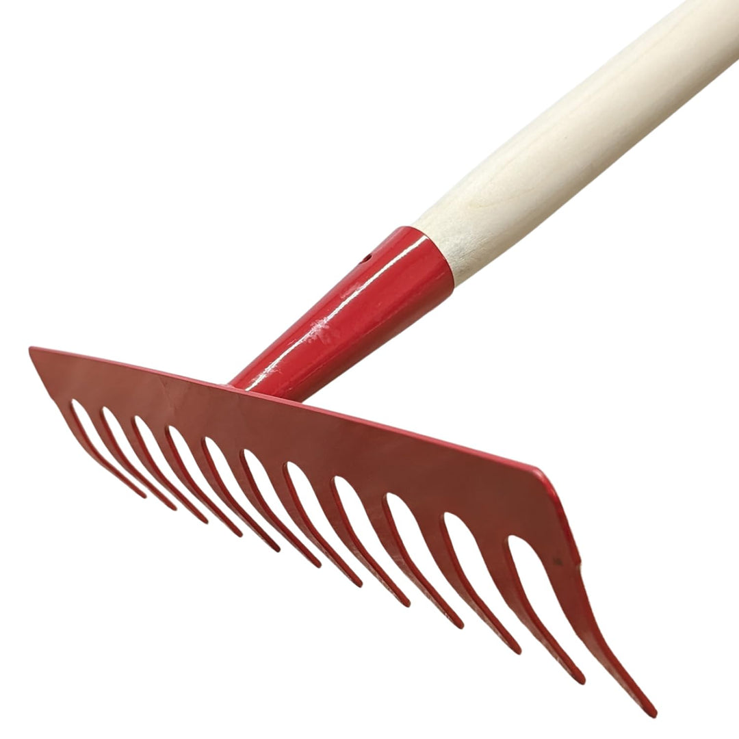 Garten Gerät Harke Rasen Boden Erde Rechen 12 Zinken Metall rot Gartenrechen 28 cm mit Holz Stiel, R