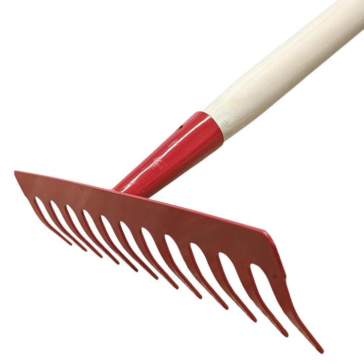 Garten Gerät Harke Rasen Boden Erde Rechen 12 Zinken Metall rot Gartenrechen 28 cm mit Holz Stiel, R