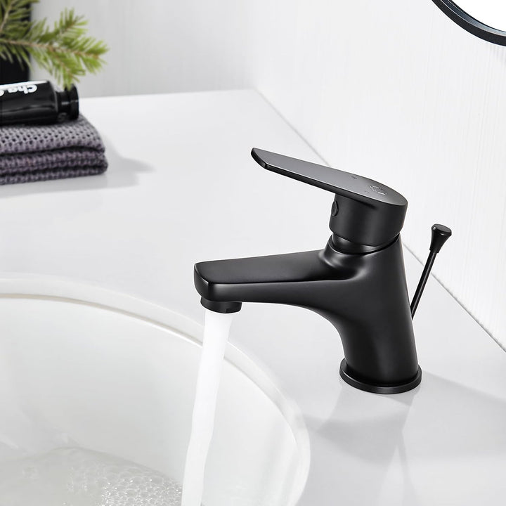 CECIPA Wasserhahn Bad Schwarz, Waschtischarmatur mit Zugstange und Ablaufgarnitur, Mischbatterie Was