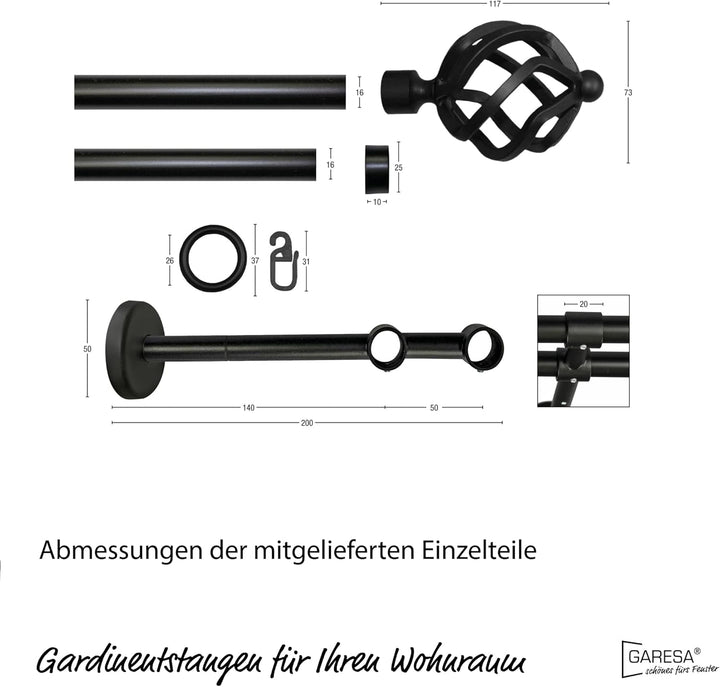 Garesa Gardinenstange Rustika Ø 16mm, 2-läufig, Schwarz I Rustikale Vorhangstange aus Metall inkl. R