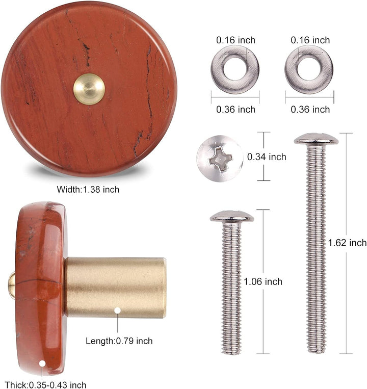 KYEYGWO 4 Stück Roter Jaspis Natürlicher Kristall Möbelknöpfe mit Schraube, Runde Stein Schubladenkn