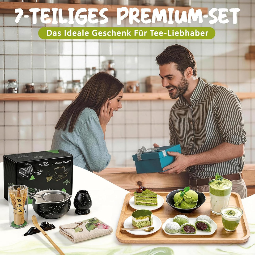 Matcha Set 7-teilig | Premium Tee-Zeremonie Set mit Matcha-Schale, Bambus-Chasen, Halter, Löffel, Si
