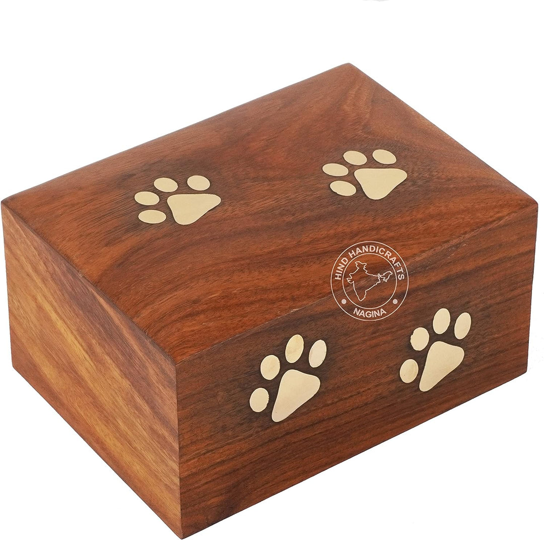 Hind Handicrafts Urne für Hunde und Katzen, mit eingelegtem Rosenholz, mit Messingpfoten, Erinnerung