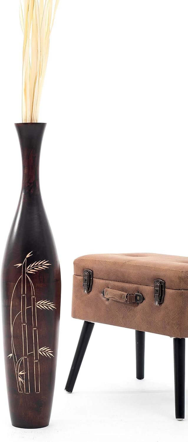 Leewadee Grosse Bodenvase für Dekozweige hohe Standvase Design Holzvase, Holz, 90 cm, Braun, 90 cm
