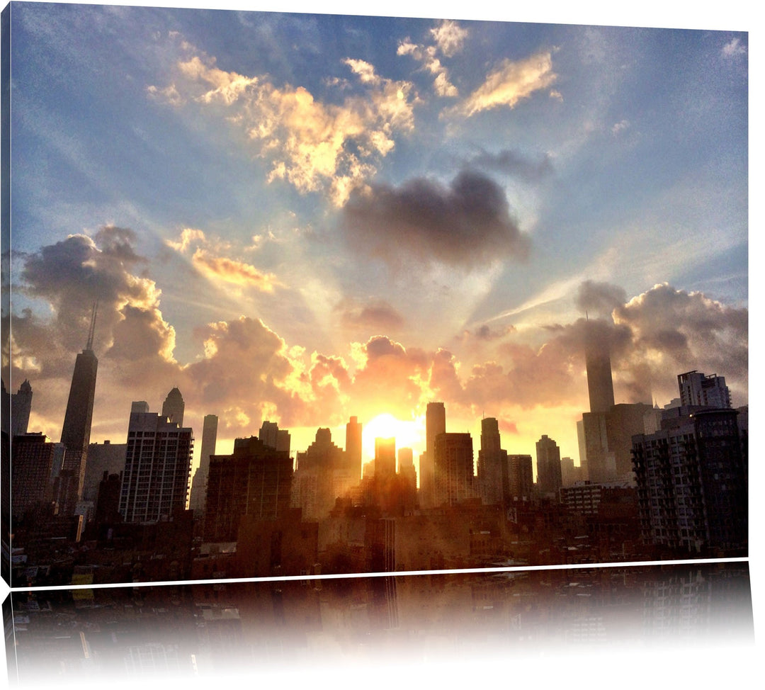 Chicago Skyline im Sonnenaufgang Format: 100x70 auf Leinwand, XXL riesige Bilder fertig gerahmt mit
