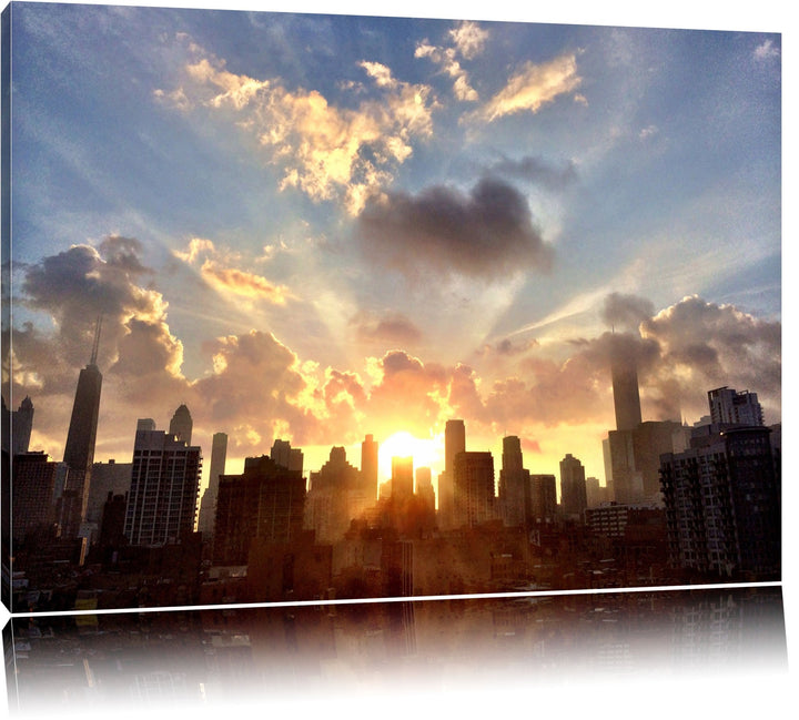 Chicago Skyline im Sonnenaufgang Format: 100x70 auf Leinwand, XXL riesige Bilder fertig gerahmt mit