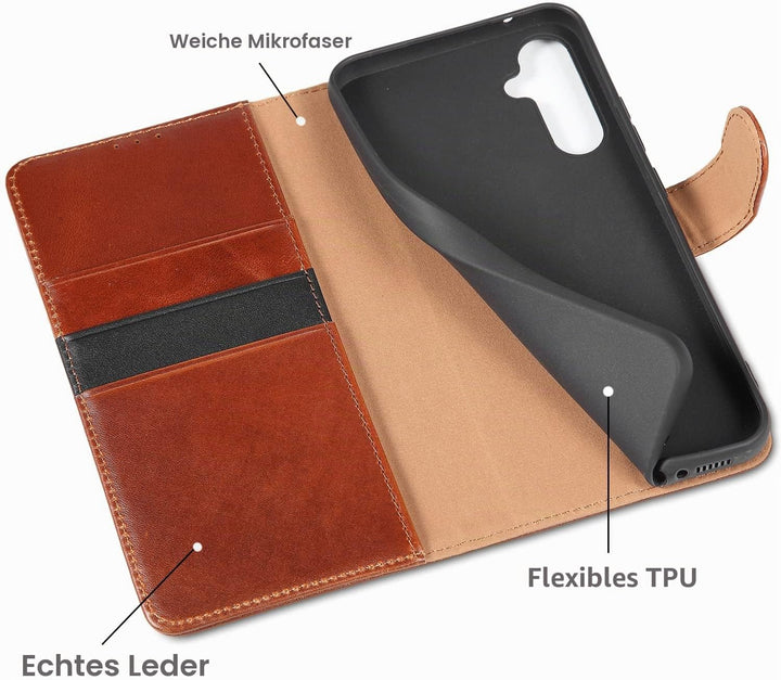 LENSUN Echtleder Hülle für Samsung Galaxy A54, Handyhülle [Echtes Leder][Kartenfach][RFID Schutz][St