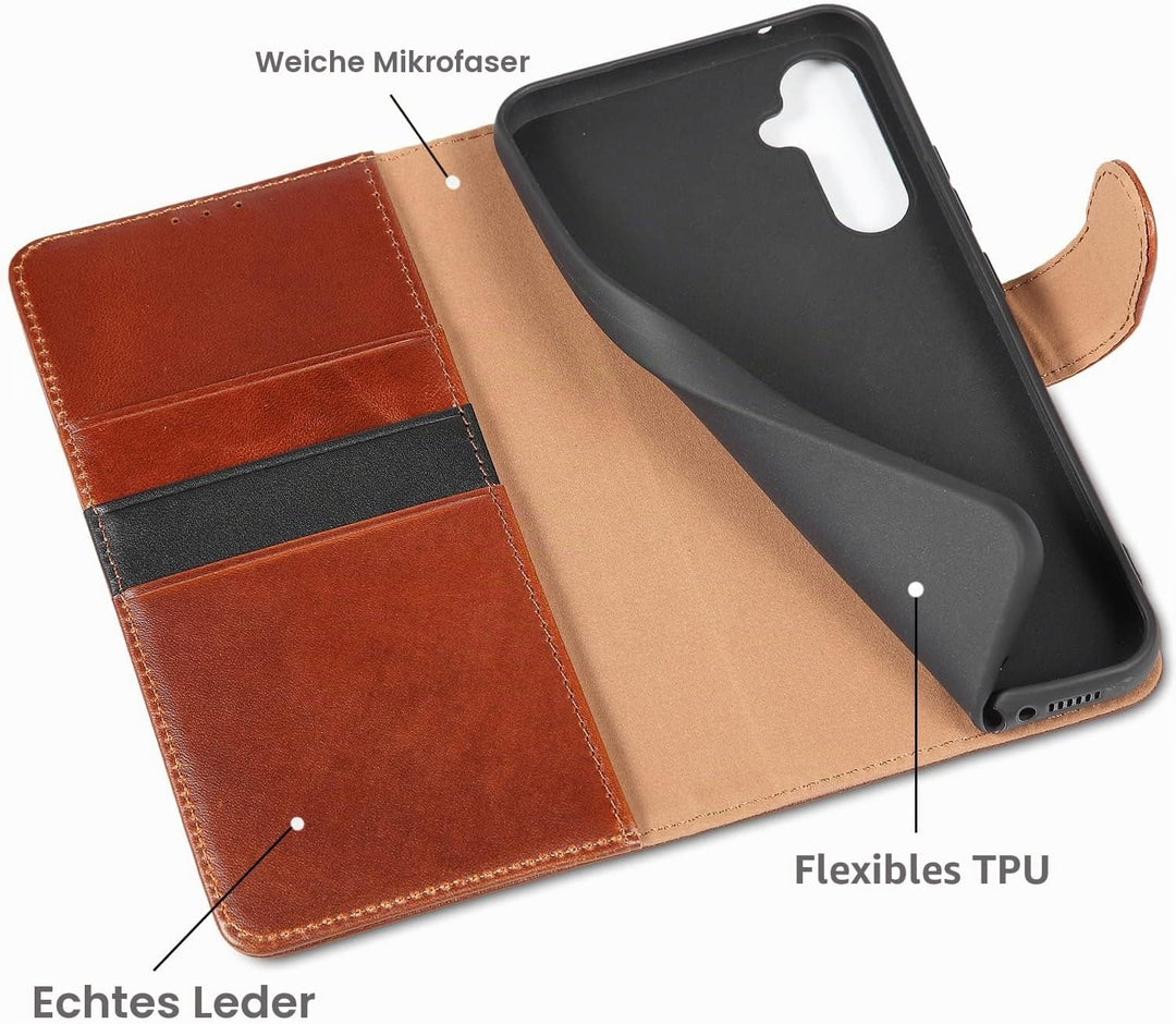 LENSUN Handyhülle für Samsung Galaxy A34, Echtleder Hülle Klappbar [Kartenfach][RFID Schutz][Standfu