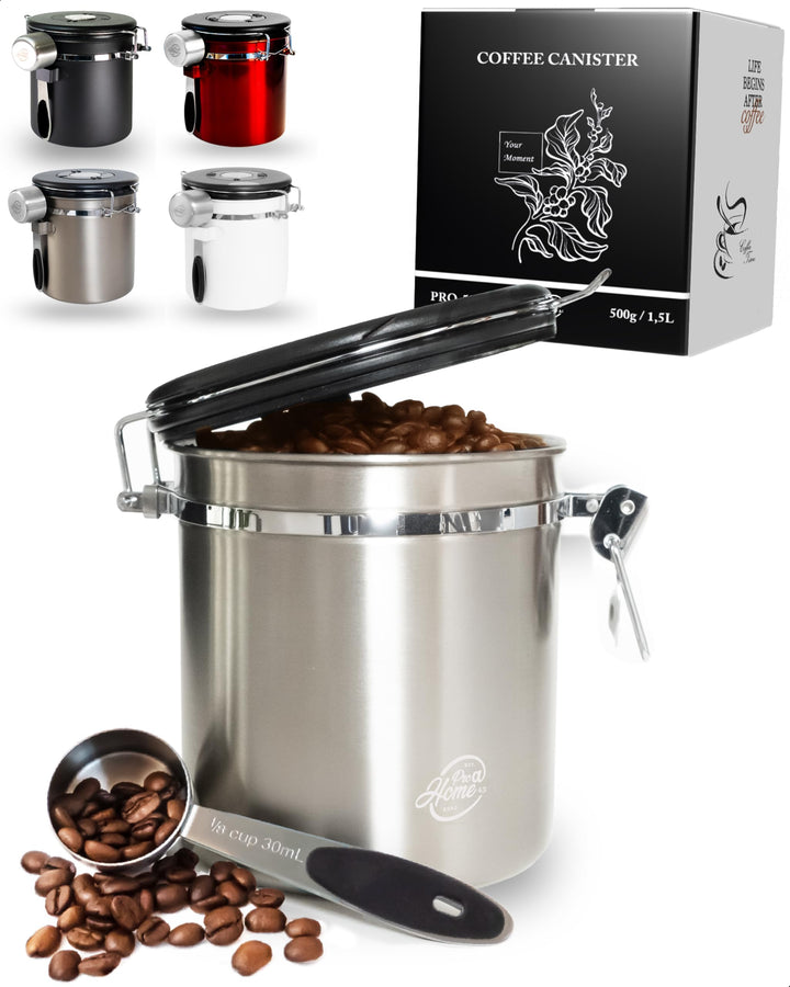 Kaffeedose luftdicht 500g - Silber - Kaffeebohnen Vorratsbehälter 1,5L aus Edelstahl mit Kalenderfun