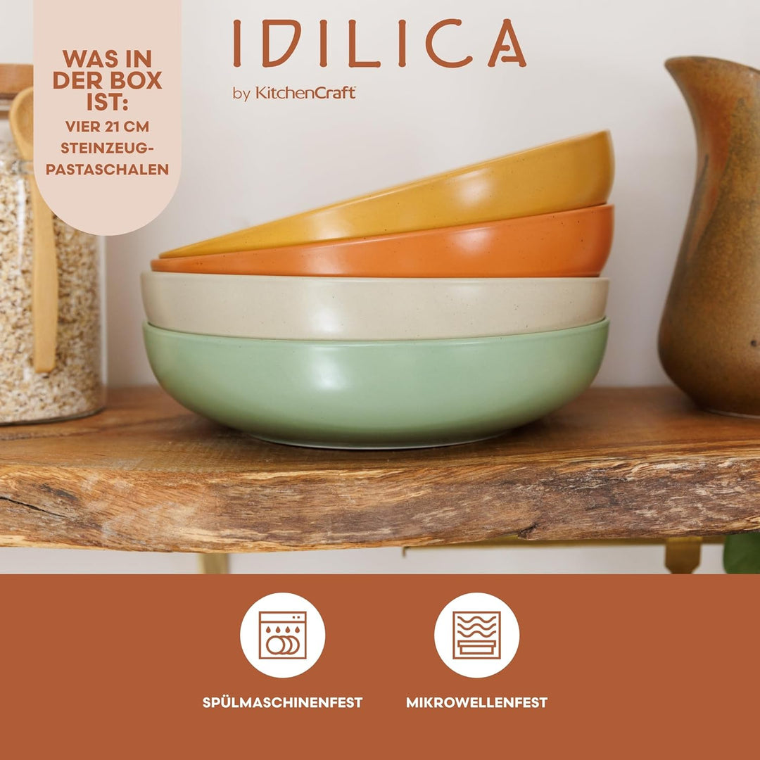 KitchenCraft Idilica Nudelschalen aus Steinzeug, 4er-Set flache Keramikschalen, mikrowellen- und spü