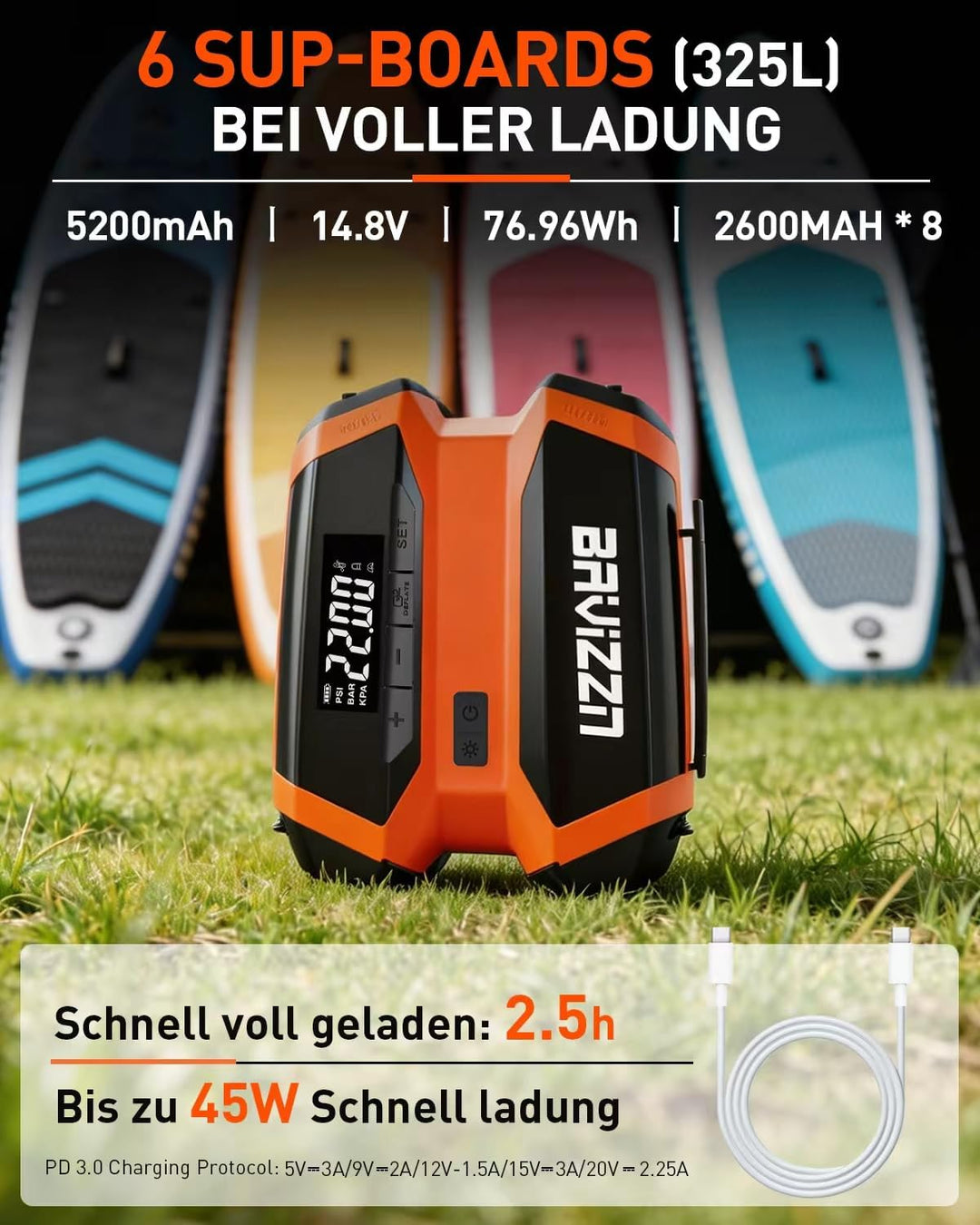 Elektische Sup Pumpe Akku 22PSI Elektrische Pumpe Sup 76.96WH | Akku Pumpe Sup Aufblasen 6 SUP12V DC