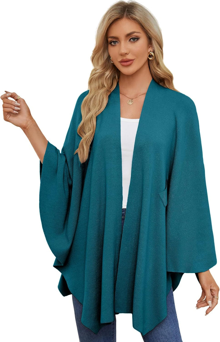 PULI Damen Elegant Poncho Strick Ponchos Capes Vorne öffnen Vielseitige Schalwickel mit Lasche Dunkl