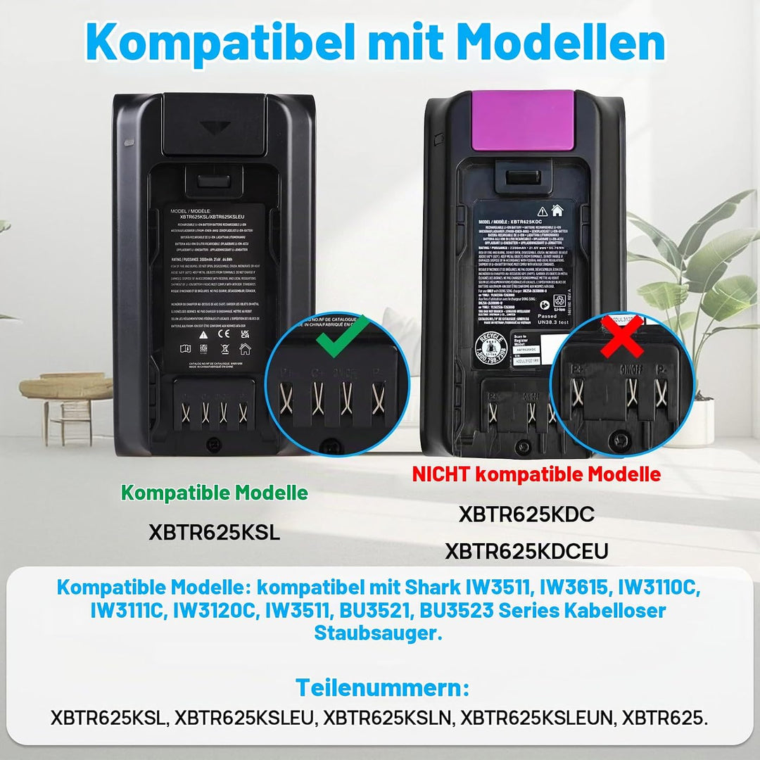 21,6V 3000mAh XBTR625KSLN Batterie Kompatibel mit Shark IW3511, IW3615, IW3110C, IW3111C, IW3120C, I
