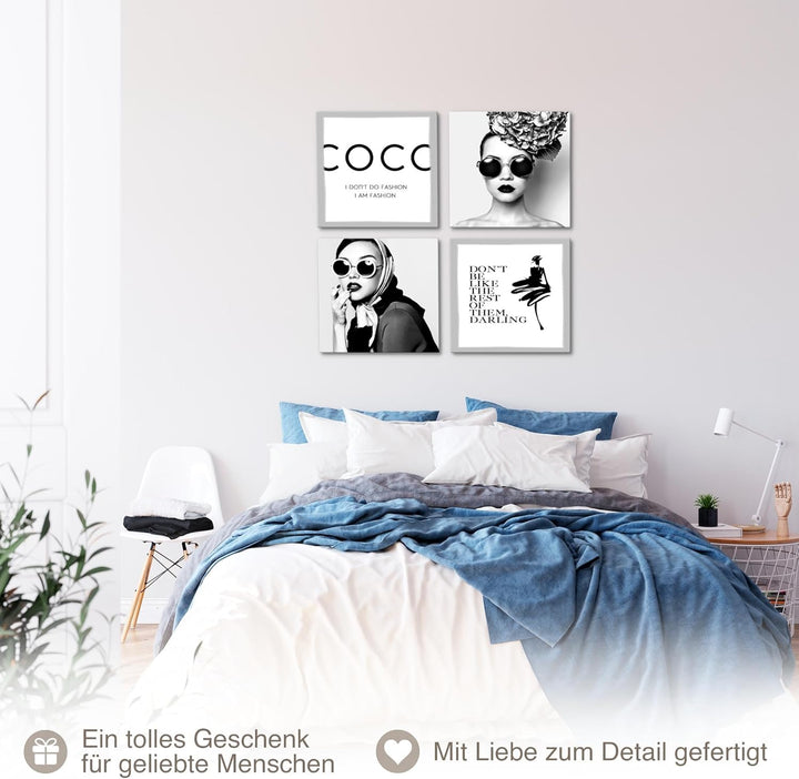 Novart Bilder Set Fashion Coco - KOMPLETT AUFHÄNGFERTIG - Schwarz Weiss Wohnzimmer Schlafzimmer Flur