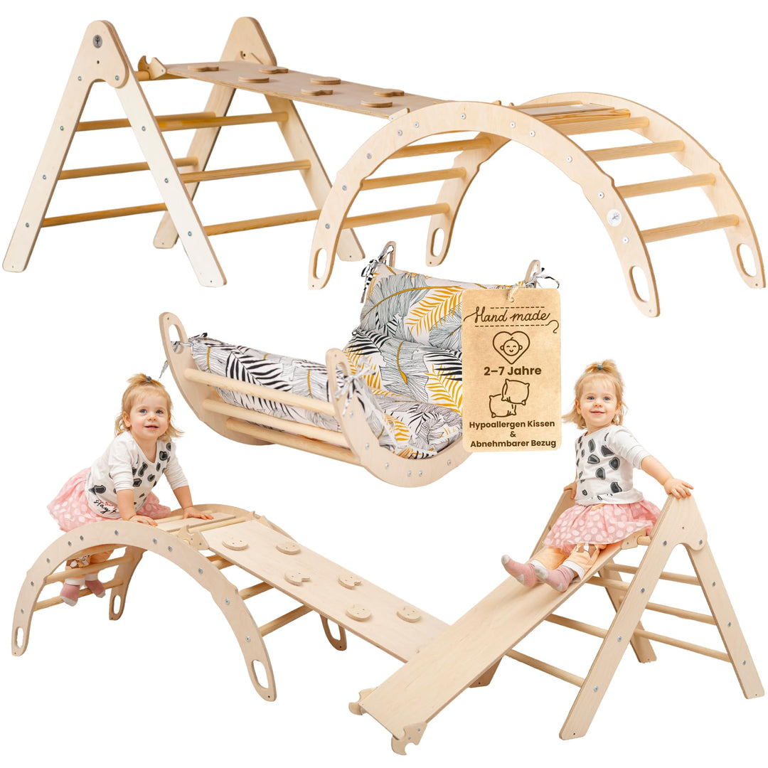 WoodsCraft 3in1 Set: Kletterdreieck mit Rutsche Indoor/Klettern Rampe & Kletterbogen mit Kissen | Ho