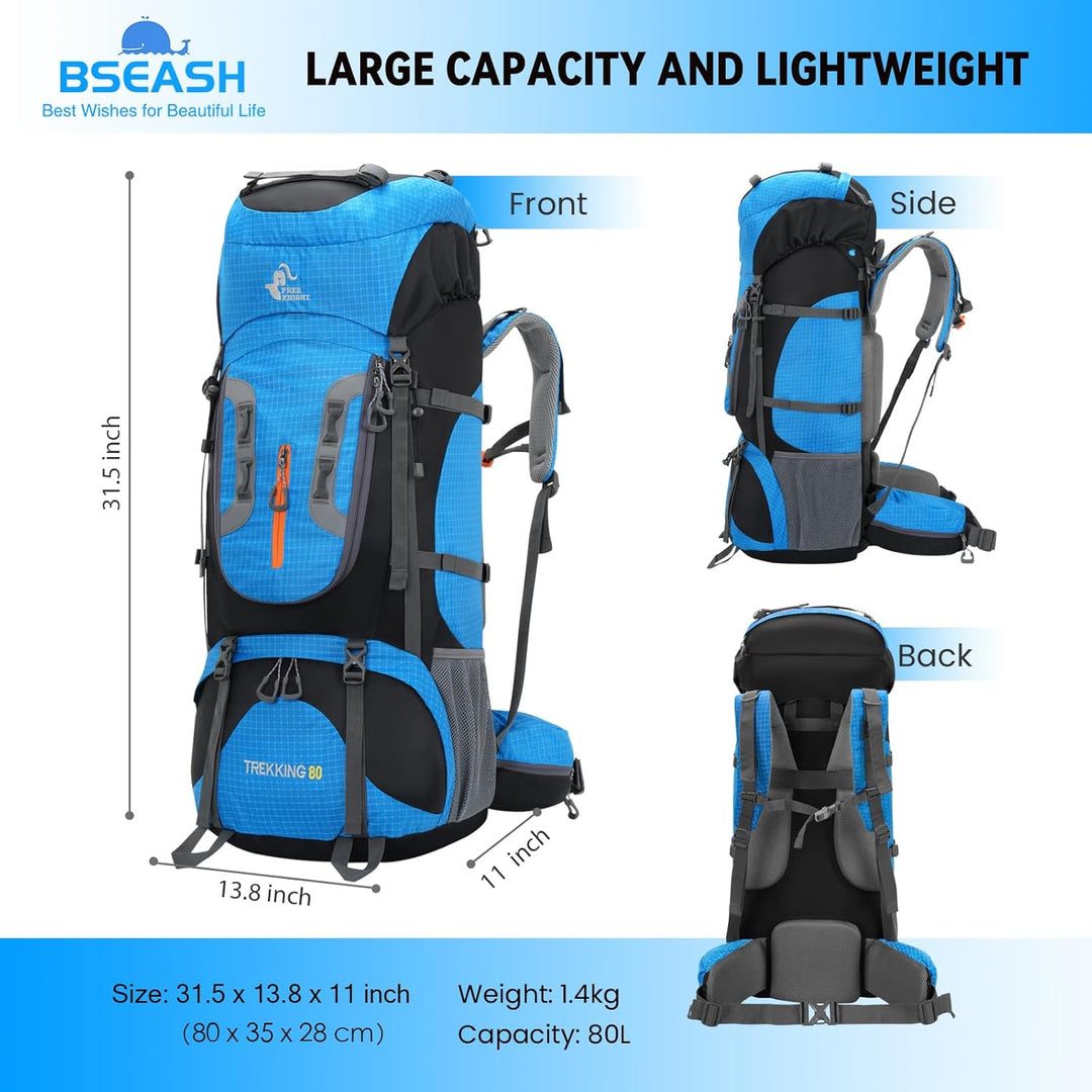 Bseash 80L Wasserdichter Wanderrucksack mit Regenschutz, leichter Outdoor-Sport, Reisen, Tagesrucksa
