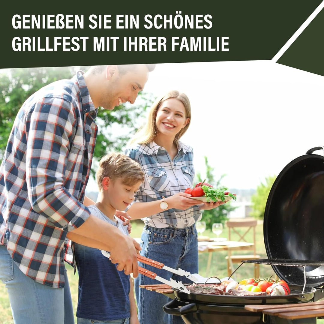 4 Stück Grillbesteck, Grill Zubehör Set mit Grillzange, Grillwender, Fleischgabel, Holzgriffen und A