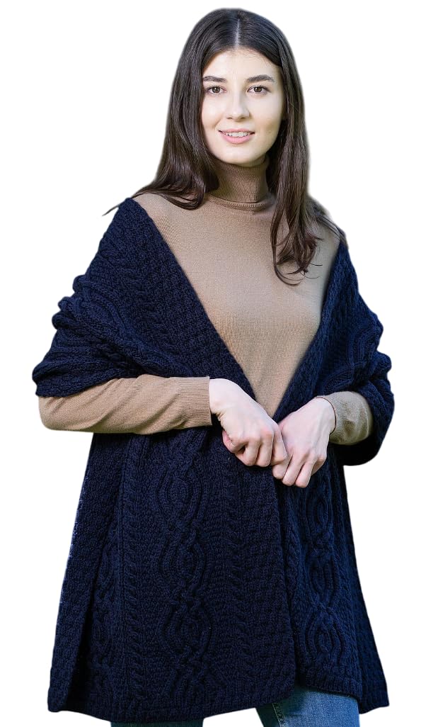 SAOL 100% Merinowolle Klassische Warme Irische Aran Cable Wickeln Schal für Damen Marine, Marine