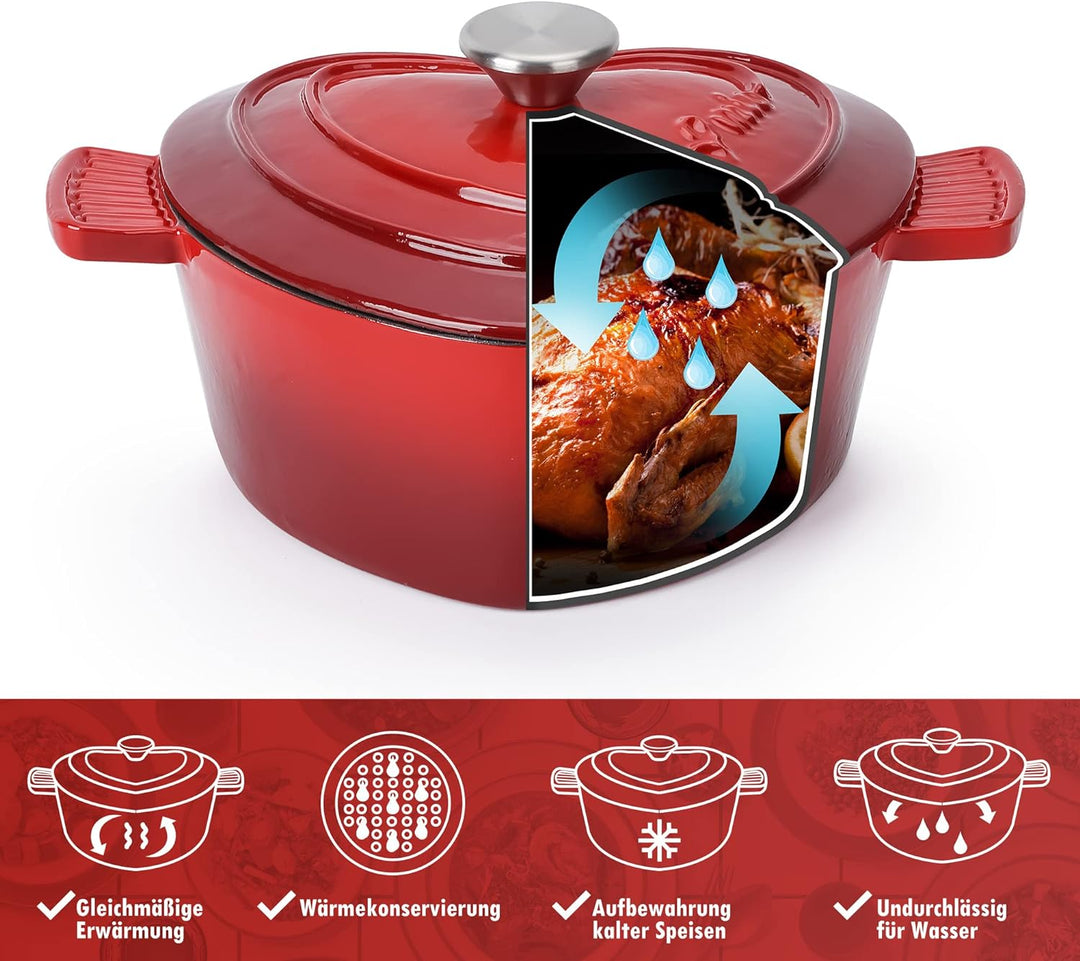MIAMIO – Emaille Gusseisen Topf in Herzform (3 Liter, 24 cm) / Geschenk zu Weihnachten für alle Herd